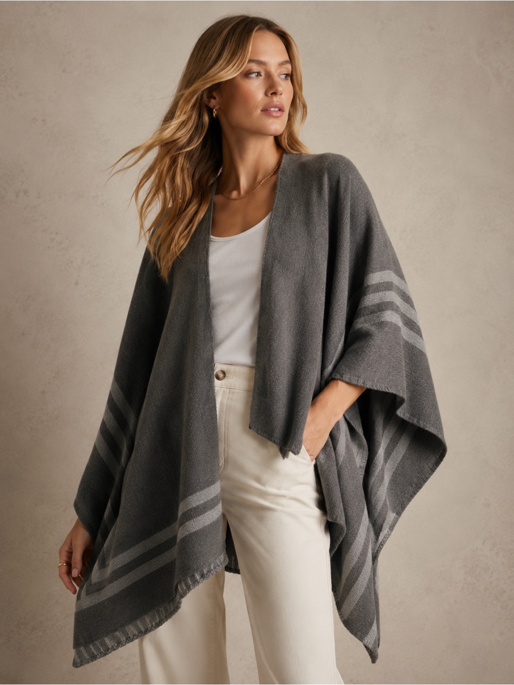 BB Dakota Reversible Stripe Poncho Wrap Cardigan – Gray Multi | One Size | NWOT